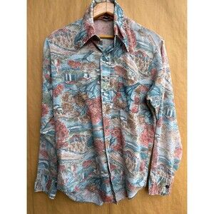 Vintage 70s Dude by Cambridge Button Down Print Shirt | Size Medium | Large |